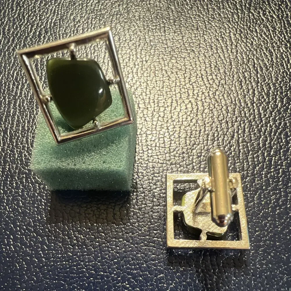 Men's Square Silver-Tone Cufflinks Pair Green Cabochon Stone Bullet Back
